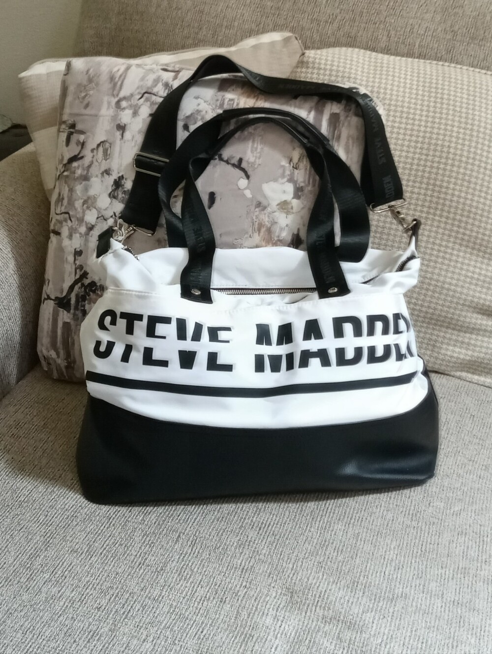 Steve Madden Black and White Logo Weekender Bag